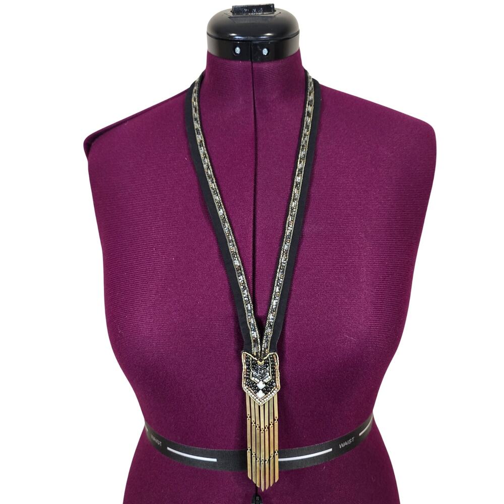 Stella & Dot Nile Black Fabric Beaded Pendant Necklace